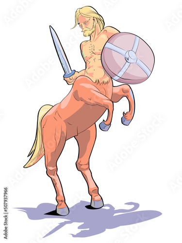 Vector illustration of a centaur with a sword and shield. Design for a character from Greek mythology.