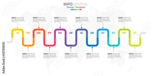 Timeline infographic presentation for 1 year 12 months used for Business concept with 12 options, steps and processes.