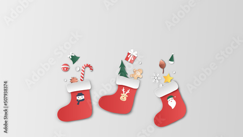 Christmas sock with Christmas ornament on white background. Merry Christmas. paper cut and craft design. vector, illustration.