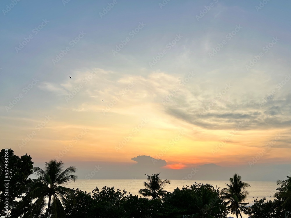 sunset in the mountains and palm trees