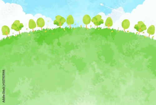 綺麗な森林と草原と青空の風景イラスト
