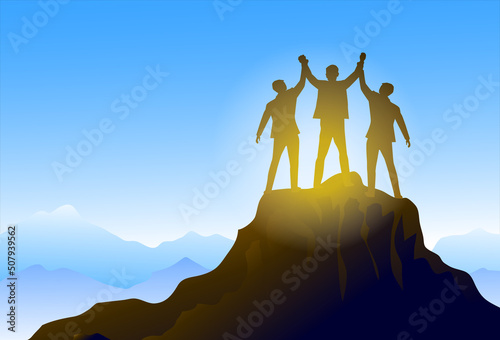 Team work silhouette on mountain leadership business successful concept