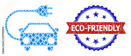 Blue jevel mosaic electric car icon, and bicolor scratched Eco-Friendly seal stamp. Gemstone related parts are united into abstract mosaic electric car pictogram.