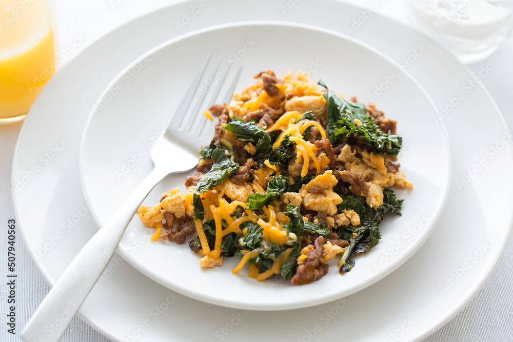 simple, breakfast, orange juice, plate, fork, bright, milk, egg, eggs, scrambled eggs, brunch, chorizo, kale, shredded, cheddar, cheese, melted cheese, one, solo, single, meal, simple, breakfast, orange juice, plate, fork, bright, milk, egg, eggs, scrambled eggs, brunch, chorizo, kale, shredded, cheddar, cheese, melted cheese, one, solo, single, meal,