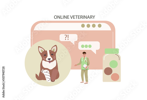 Online veterinary medicine. Internet Consultation Doctor. Healthcare service.Cartoon vector illustration.