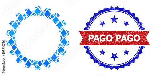 Blue jevel collage cogwheel icon, and bicolor grunge Pago watermark. Diamond related parts are arranged into abstract collage cogwheel icon. Red round stamp includes Pago tag inside circle.