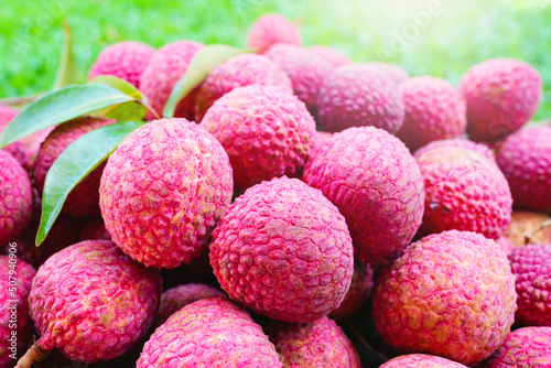 Pile lychee against grass field background.