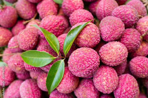 Pile Sweet Lychee For Sale In Market.