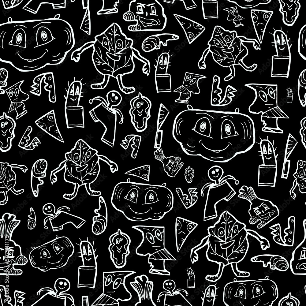 Baby doodle pattern with white line on dark background for your seamless design, hand drawn illustration