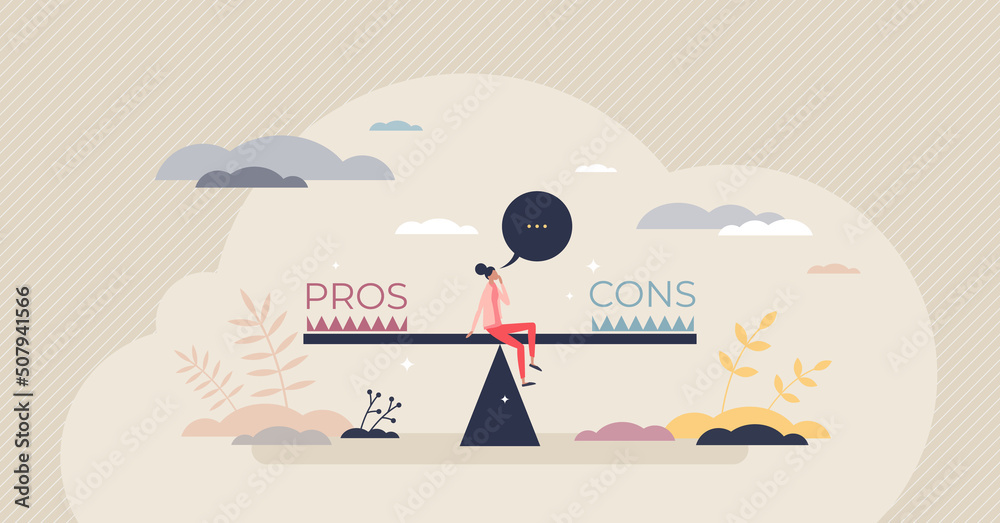 Pros and cons comparison with benefits and risks balance tiny person