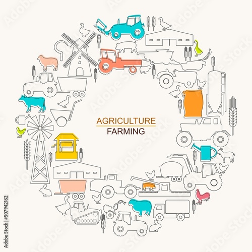 Circle frame with icons of agriculture and farming. Illustration or background for eco products and agricultural presentation. © JEGAS RA