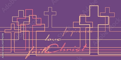 Christianity concept illustration. Crosses and relative words. Thin line style