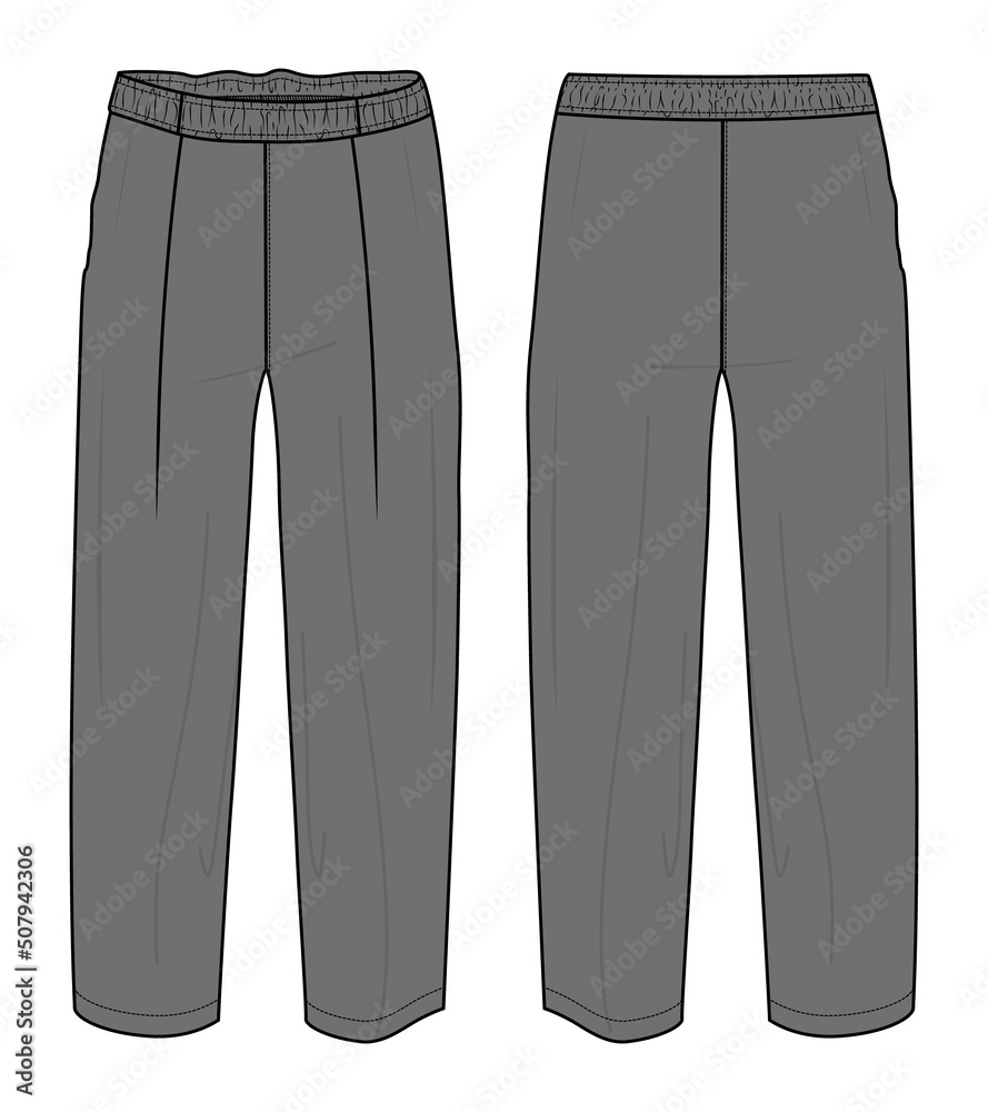 Pants technical fashion flat sketch vector illustration with mid calf length, normal waist. Flat breeches bottom front and back views. Woman, man CARD mock up. Apparel Pants mock up.
