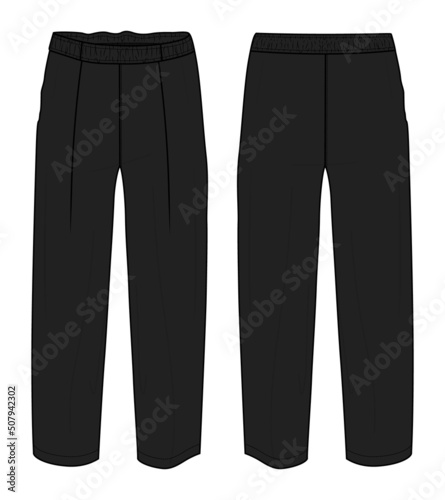 Pants technical fashion flat sketch vector illustration with mid calf length, normal waist. Flat breeches bottom front and back views. Woman, man CARD mock up. Apparel Pants mock up. 