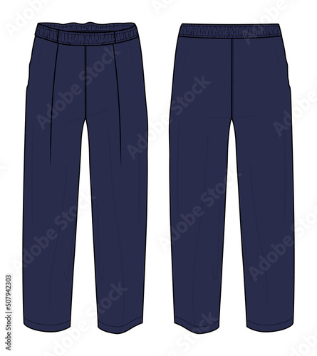 Pants technical fashion flat sketch vector illustration with mid calf length, normal waist. Flat breeches bottom front and back views. Woman, man CARD mock up. Apparel Pants mock up.
