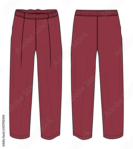 Pants technical fashion flat sketch vector illustration with mid calf length, normal waist. Flat breeches bottom front and back views. Woman, man CARD mock up. Apparel Pants mock up.
