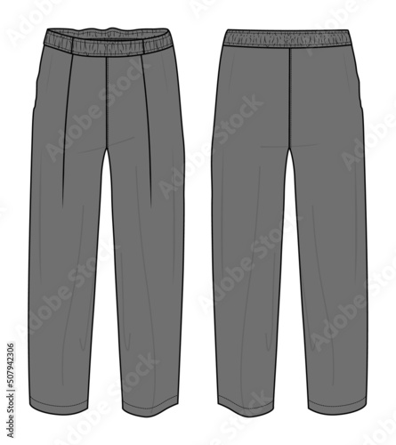 Pants technical fashion flat sketch vector illustration with mid calf length, normal waist. Flat breeches bottom front and back views. Woman, man CARD mock up. Apparel Pants mock up.
