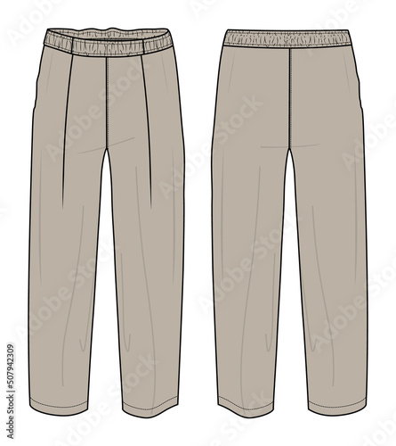 Pants technical fashion flat sketch vector illustration with mid calf length, normal waist. Flat breeches bottom front and back views. Woman, man CARD mock up. Apparel Pants mock up.
