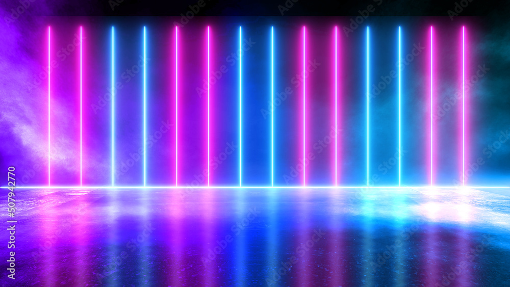 Spectrum Fluorescent Glowing Neon Lines with Copy space. Vertical Stripes of Light with Reflecting floor . 3D Show For Technology, Fashion and Virtual Podium	
