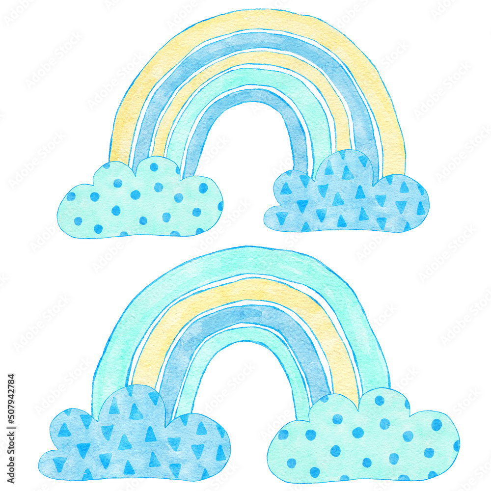 Watercolor hand drawn illustration of blue yellow rainbows in clouds. Boy baby shower design for invitations party, nursery clipart is soft pastelcolors modern minimalist print for kids children. Watercolor hand drawn illustration of blue yellow rainbows in clouds. Boy baby shower design for invitations party, nursery clipart is soft pastelcolors modern minimalist print for kids children.