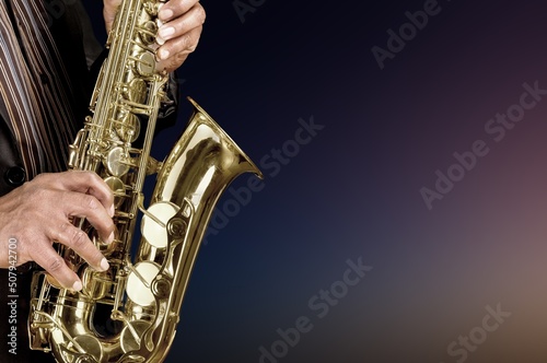 Canvas Print Musician playing jazz music instrument. Band instruments