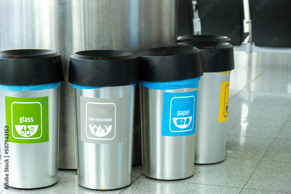 Bins for waste sorting. Multicoloured Bins. Recycle. Plastic, paper glass, bio waste, non