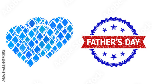 Blue diamond collage love shadow icon, and bicolor grunge Father'S Day watermark. Diamond related parts are united into abstract mosaic love shadow icon.
