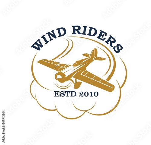 Tela Wind riders symbol, flying plane in clouds or propeller airplane, vector icon