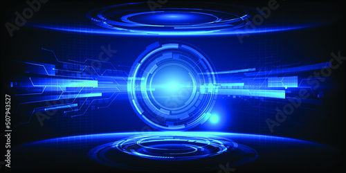 Vector illustrations of Futuristic blue digital technology stage for showcase with digital environment and round neon pedestal for advertising and game graphic artwork.Future digital concept.