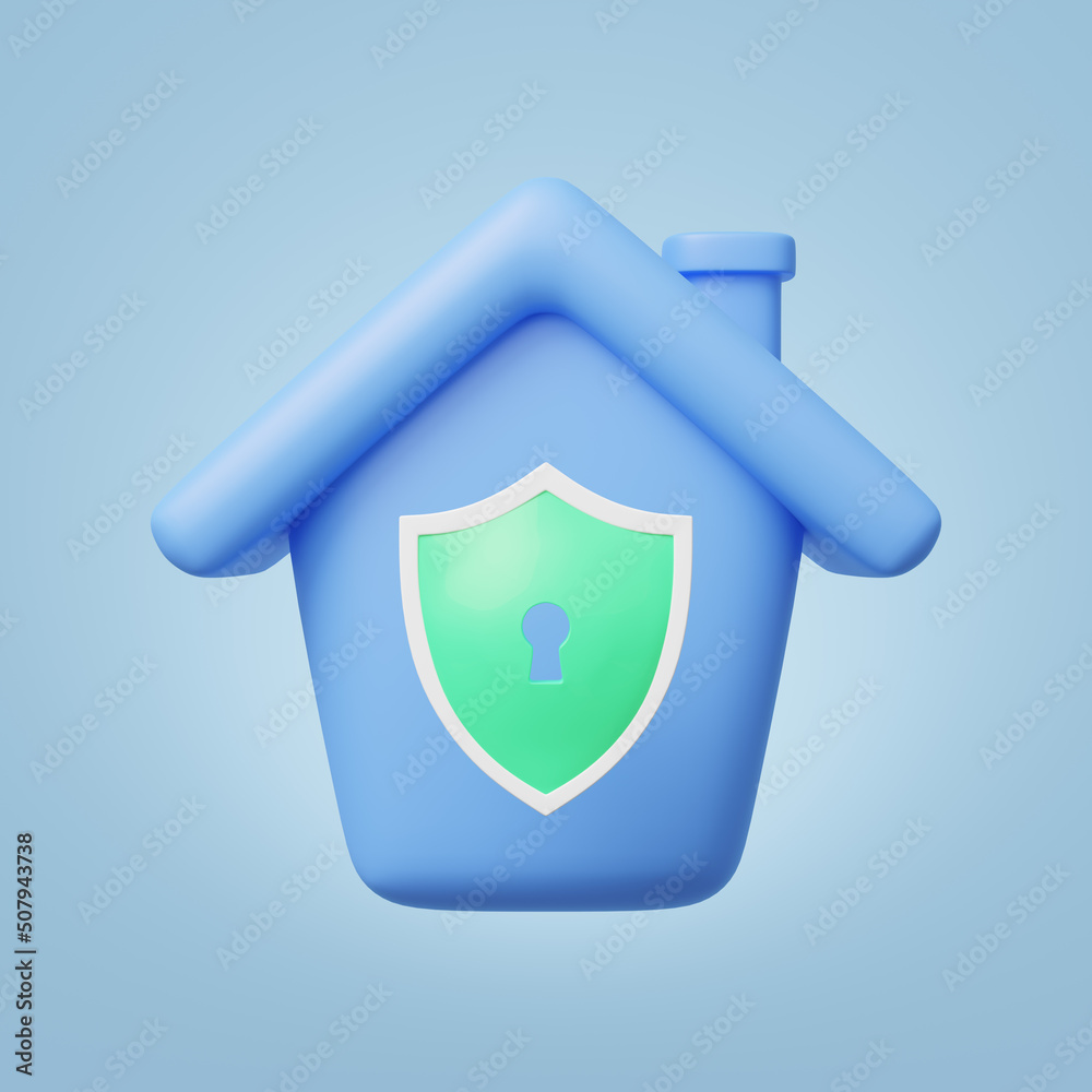 3d blue house with chimney icon. Cute home model, keyhole shield security floating on blue background. Business about investment, home security concept. Cartoon minimal style. 3d render illustration.