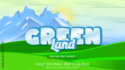 green land text effect editable eps file with cartoon scenery illustration background