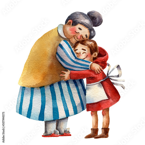 Little girl with grandma. Cute fairy tale characters. Little red ridding hood. Grandmother with granddaughter card. Family portrait. Cartoon characters. Family embrace. Watercolor illustration. photo