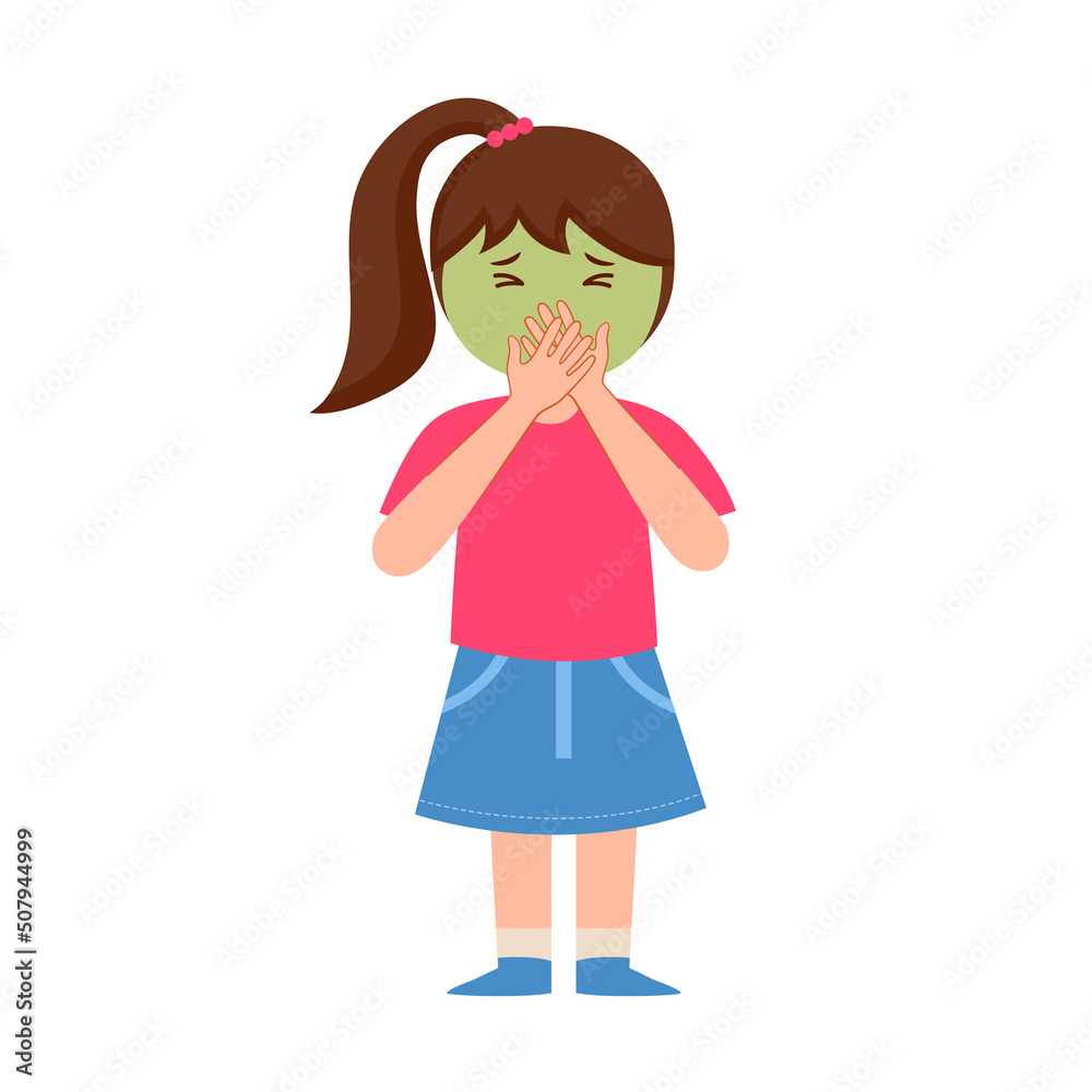 Girl child suffering from vomit and closing mouth in flat design. Nausea vomiting symptom. Girl child suffering from vomit and closing mouth in flat design. Nausea vomiting symptom.