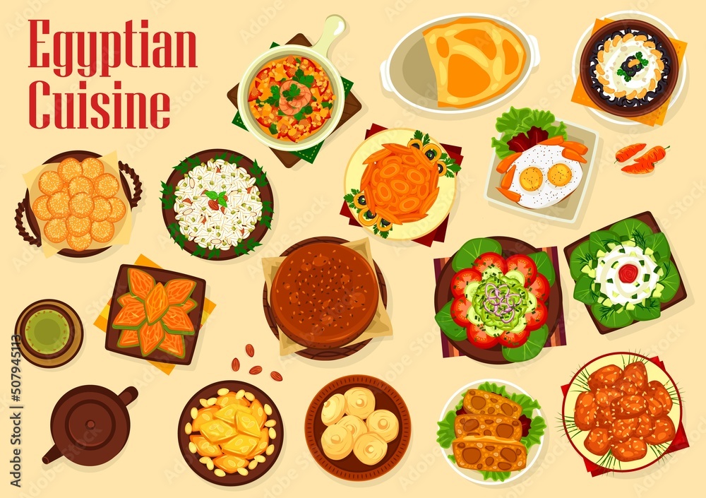 Egyptian cuisine vector dishes, Arabian dessert food with vegetable cheese salad and eggs. Pistachio, almond, coconut cakes, semolina and butter cookies, barley pudding, lamb omelette, honey fritters