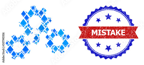 Blue ethereum collage broken gear mechanism icon, and bicolor grunge Mistake seal. Gemstone related parts are arranged into abstract collage broken gear mechanism pictogram.