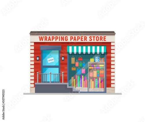 Wrapping paper store shop building storefront. City street building, commercial property or flat vector shop showcase with canopy, paper packets in window and open sign on door