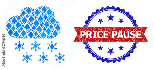 Blue diamond collage snow cloud icon, and bicolor rubber Price Pause seal stamp. Diamond related parts are arranged into abstract collage snow cloud icon.