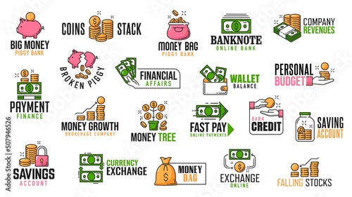 Money, cash, coins, savings, exchange and payment icons, vector dollar currency symbols. Bank finance and money business signs of credit card, money bag or piggy bank and financial payments