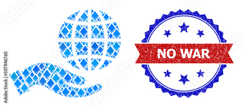 Blue ethereum composition peace care hand icon, and bicolor dirty No War seal stamp. Jevel related items are united into abstract collage peace care hand icon.