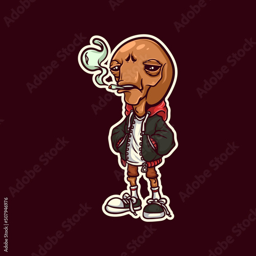Cool Brown Alien Smoking Weed, Wearing Hoodie, Shoes and Socks. 
