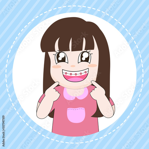 Face of a  girl with braces on her teeth