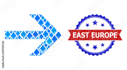 Blue ethereum collage right arrow icon, and bicolor dirty East Europe seal. Brilliant related items are grouped into abstract collage right arrow icon.