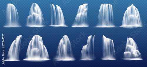 Fototapeta Naklejka Na Ścianę i Meble -  Waterfall, water cascade realistic falling splashes of fountain pour. Waterfall or sprinkle vector flow from mountain river with pouring splatters of aqua drips on transparent background
