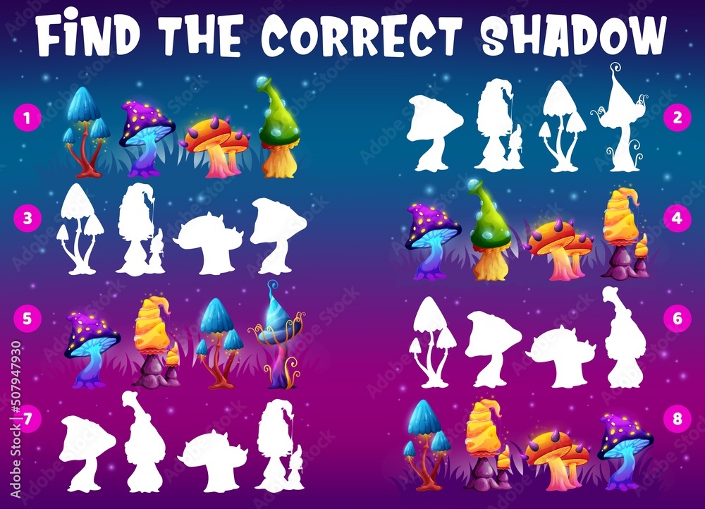 Find the correct shadow of magic mushrooms. Kids matching game vector worksheet with fantasy fungi, children logic educational activity maze. Cartoon riddle for mind development, shade search task