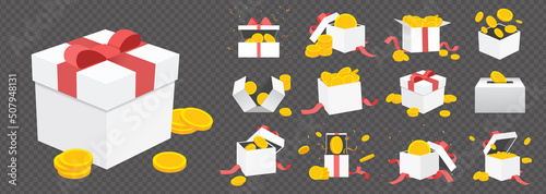 variety gift box bundle illustration set. ribbon, gold, pay, money, 3d, shop. Vector drawing. Hand drawn style.