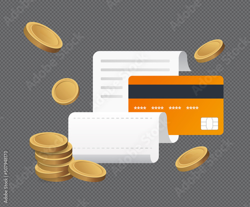 credit card and expense statement illustration set. 3d gold coin, payment, bill, paper. Vector drawing. Hand drawn style.