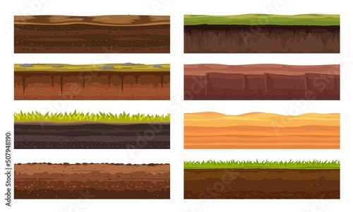 Soil ground or underground layers, grass, land and earth texture, vector seamless game level. Cartoon game landscape of soil ground and underground layers of sand hills, desert sand and stone surface photo