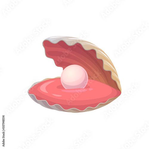 Cartoon shell with pearl underwater animal, isolated vector seashell mother with open case and nacre jewelry ball lying on pink tongue. Oyster, treasure, mussel creature