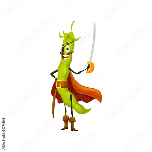 Cartoon bean pirate character, happy smiling green pea vegetable corsair in carnival costume. Vector buccaneer personage wear cape and eye patch holding saber. Isolated freebooter or picaroon captain