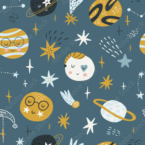 Seamless childish pattern with funny planet characters. Trendy space texture for fabric, apparel, textile, wallpaper. Cute kids print. Vector illustration.